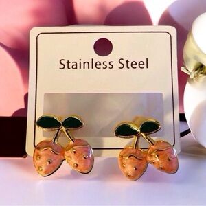 Strawberry Earrings – Pink & Gold Stainless Steel, Fruitcore Statement Jewelry